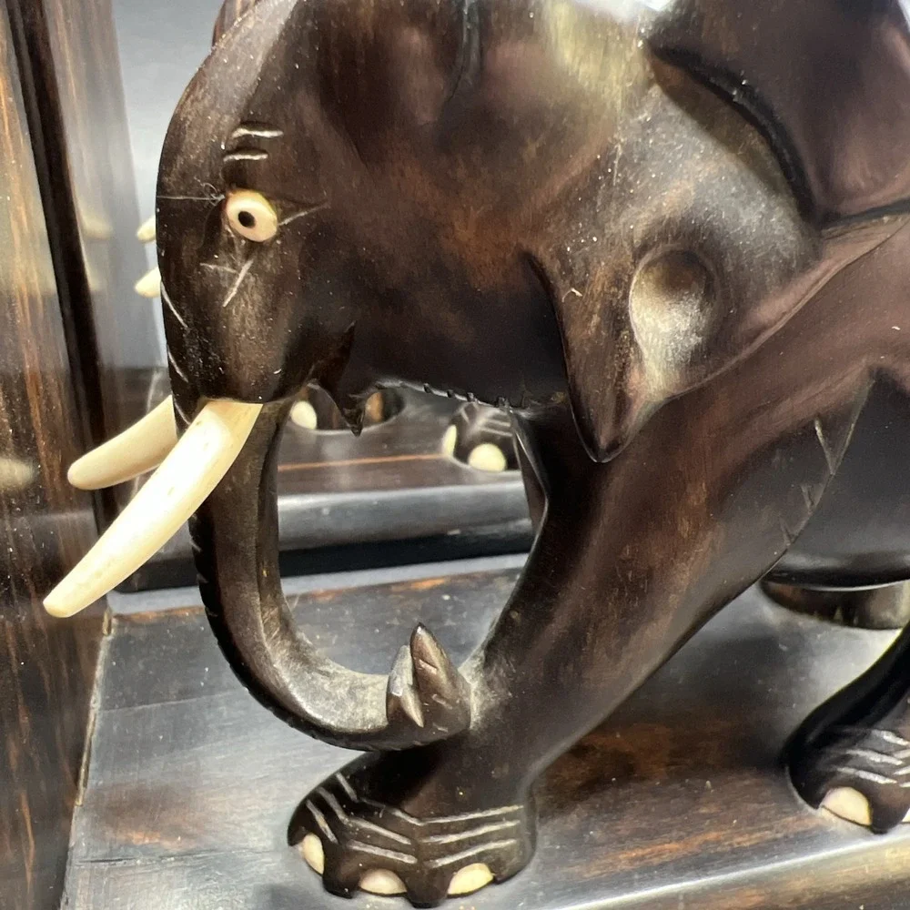 Vintage Hand Carved Nacassar Ebony Elephant Bookends Sliding Dovetail Pair Heavy